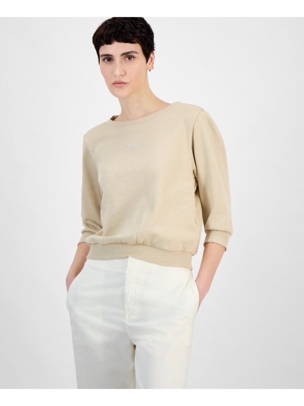 BOSS Orange Women's 3/4-sleeves Cotton Back-Cutout Sweatshirt Beige Size L $98